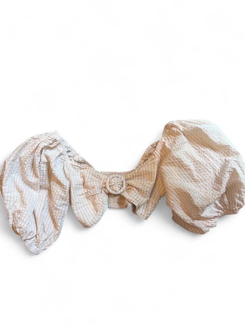 MINKPINK Cream Textured Puff Sleeve Crop Top with Buckle